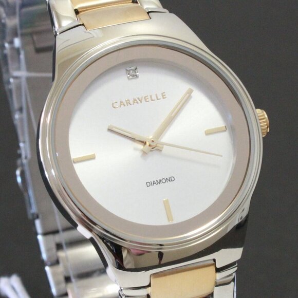 Caravelle Ladies Modern Design Watch By Bulova Diamond At 12 Silver - Gold Tone - Picture 8 of 12